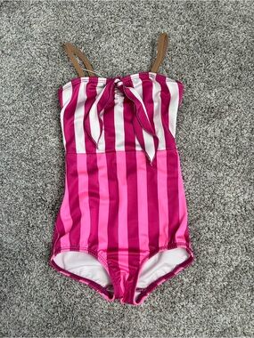 Kids Striped Pink One-Piece Swimsuit Dance Costume with Bow